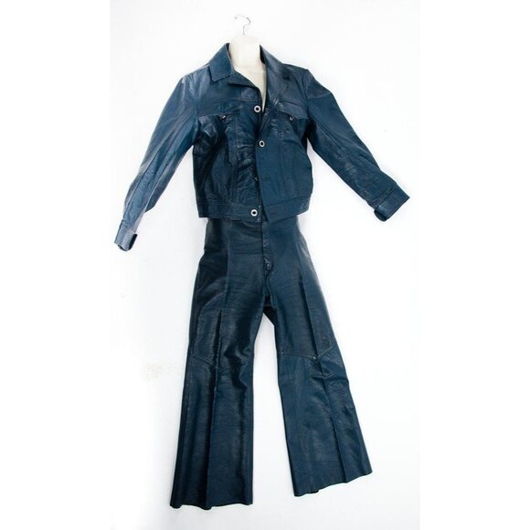 Vtg 70’s Men’s Navy Blue Leather Handmade Suit Jacket and Pants Mexico